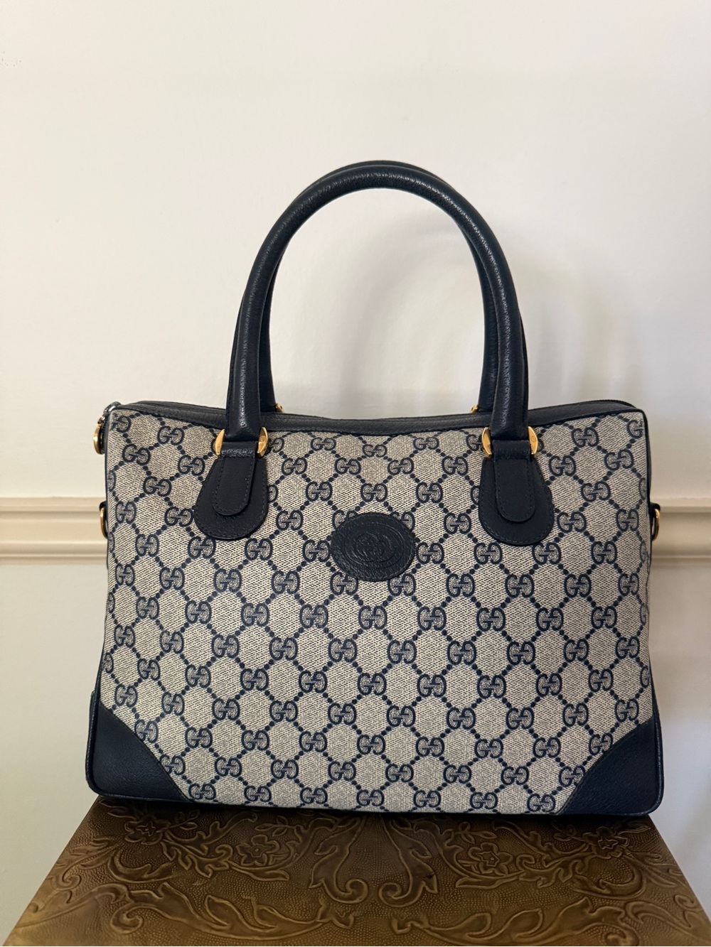 Authentic Vintage Gucci GG Navy Blue Handbag